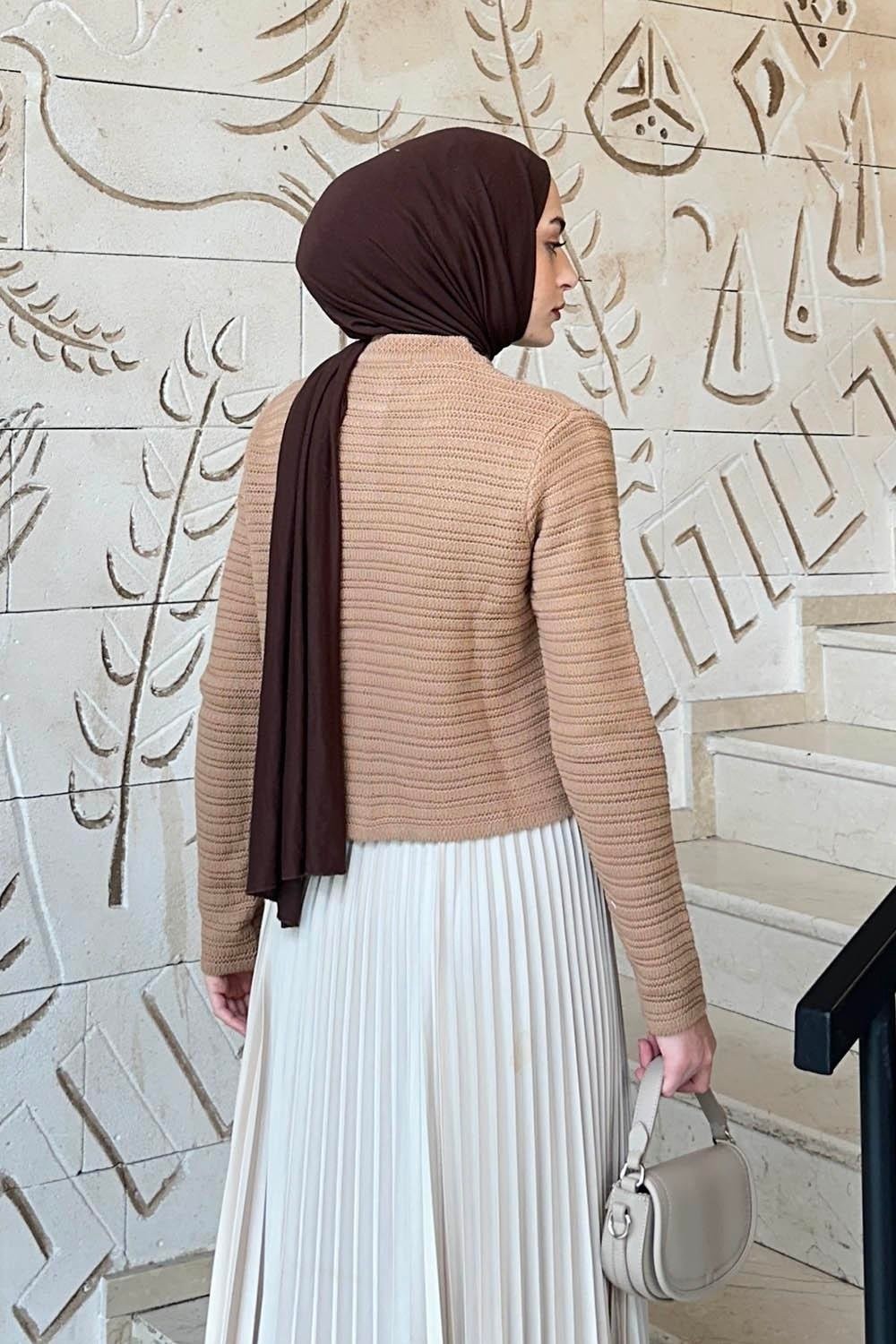 Lamelif Links Desenli Crop Hırka Camel görsel 4