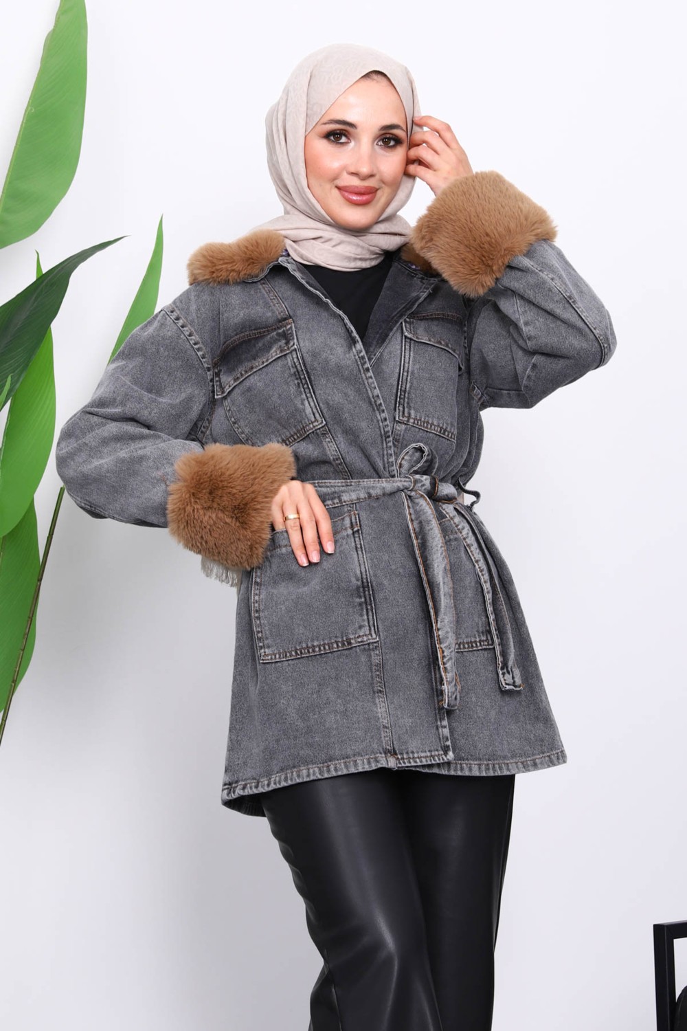 İmaj Butik Mavi Kol Yaka Kürklü Kot Ceket görsel 5