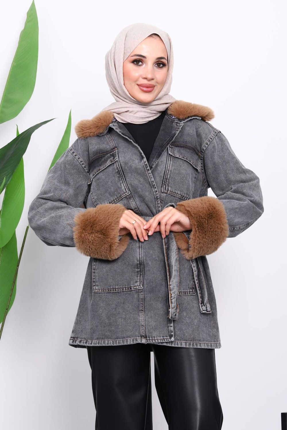 İmaj Butik Mavi Kol Yaka Kürklü Kot Ceket görsel 7