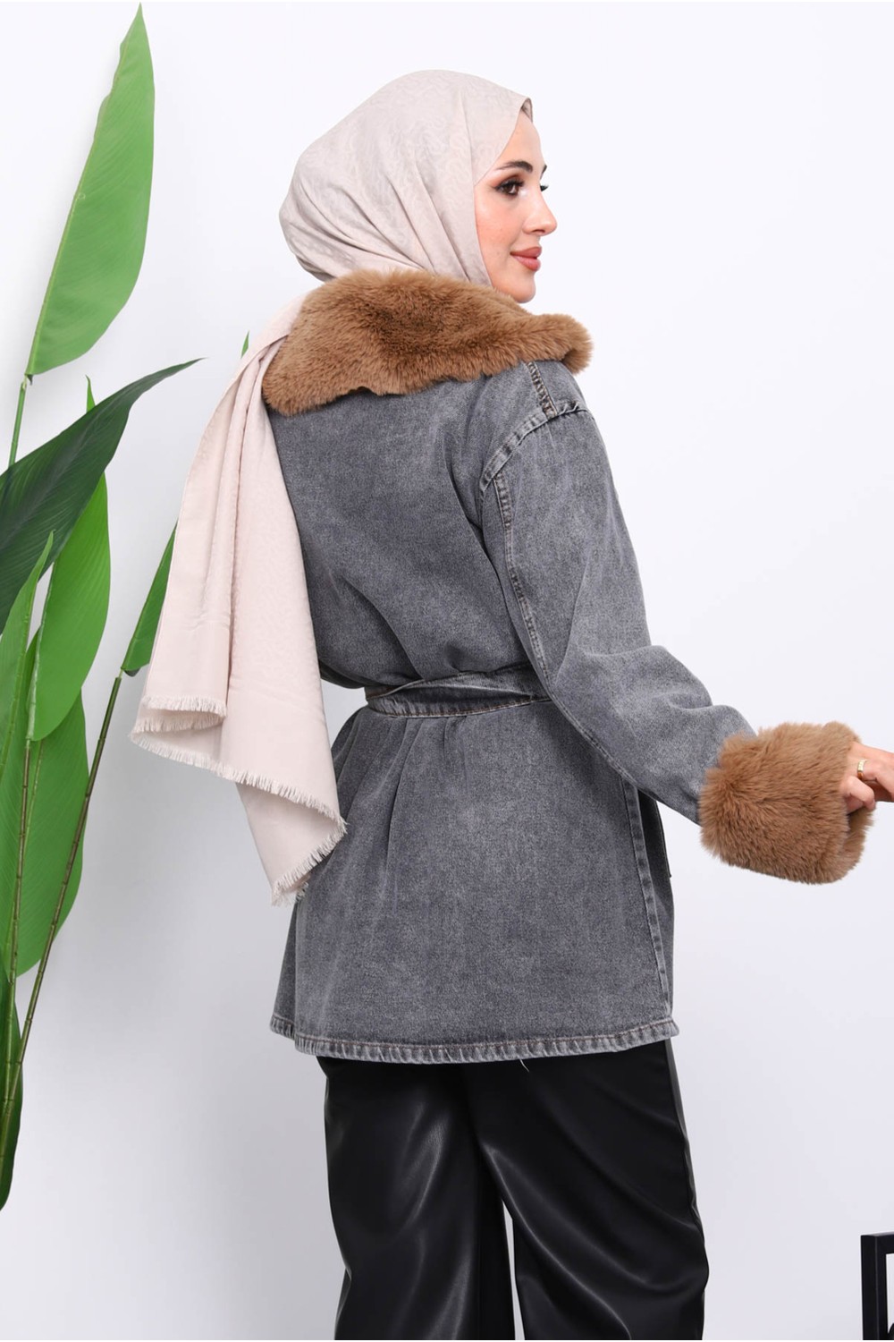 İmaj Butik Mavi Kol Yaka Kürklü Kot Ceket görsel 8