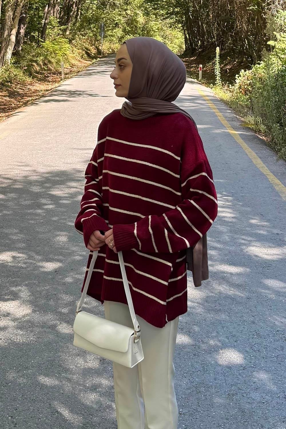 Lamelif Çizgili Triko Kazak Bej görsel 2
