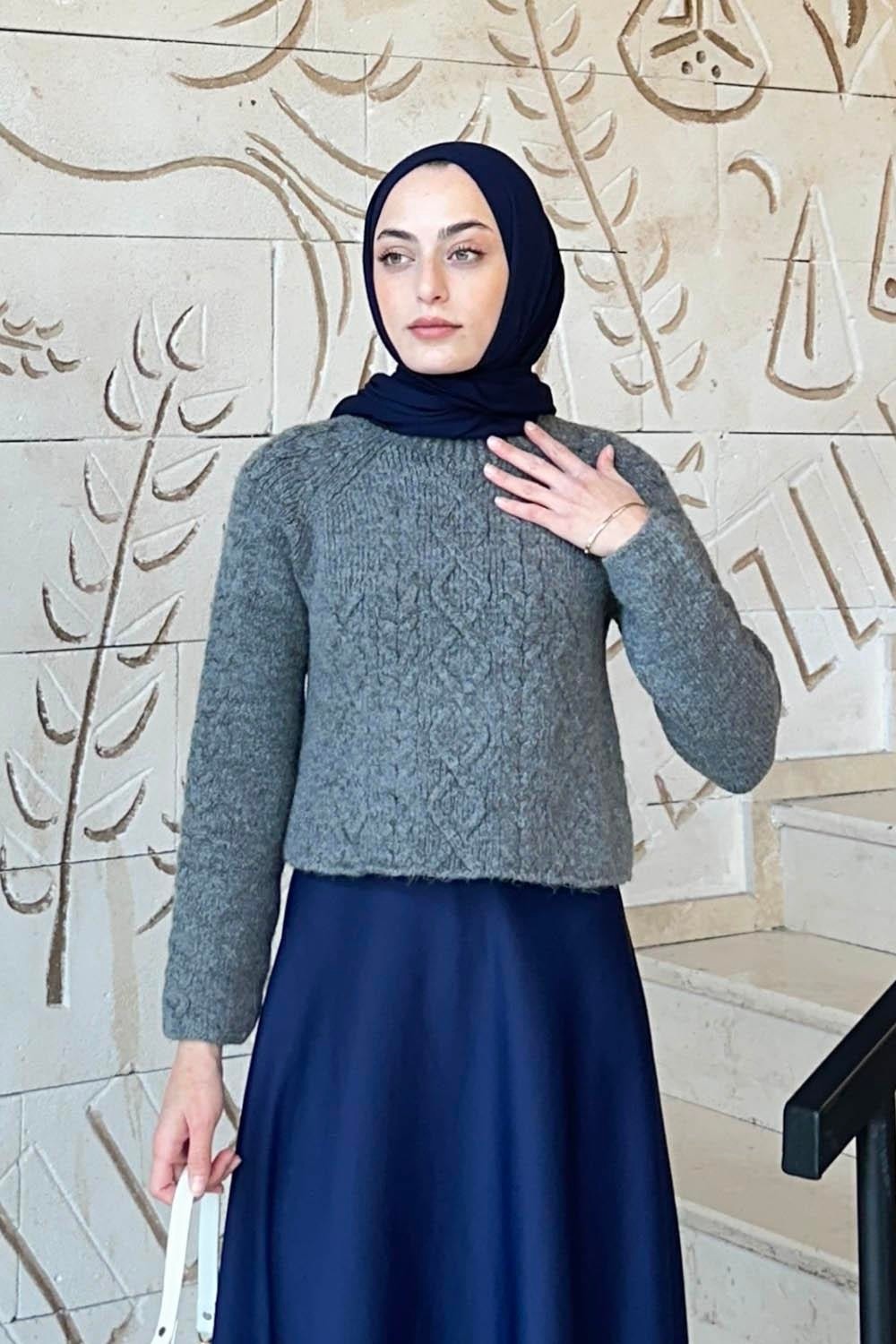 Lamelif Örgülü Kazak Zümrüt Yeşili görsel 3