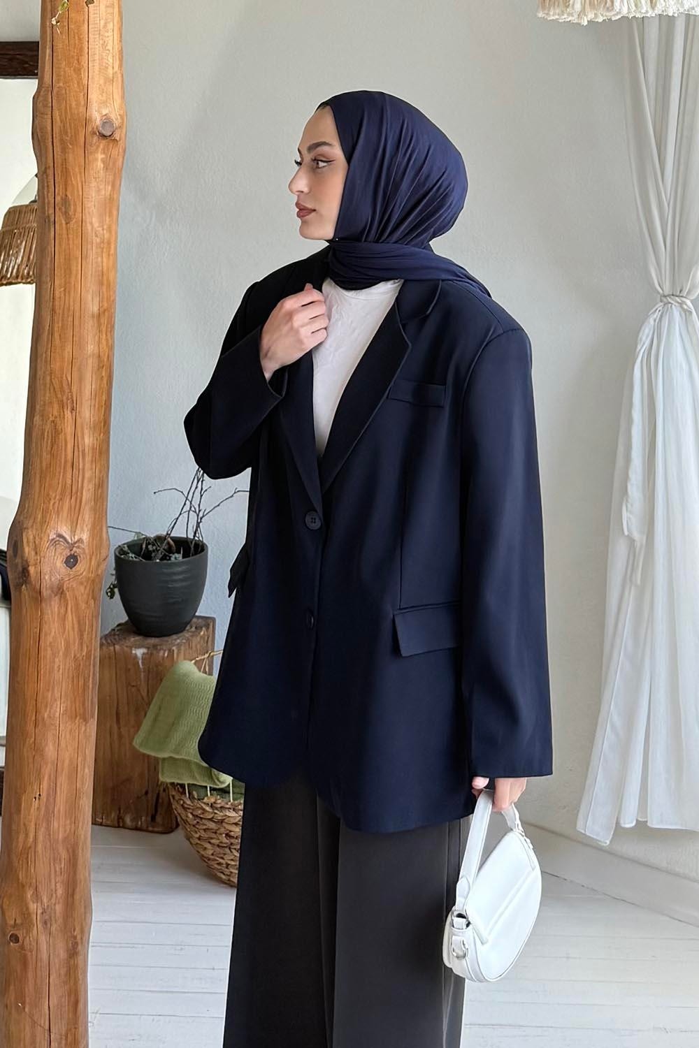 Lamelif Dekoratif Cep Detaylı Tesettür Ceket Siyah görsel 3
