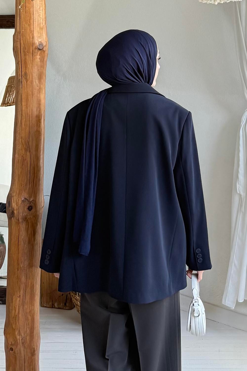 Lamelif Dekoratif Cep Detaylı Tesettür Ceket Siyah görsel 4