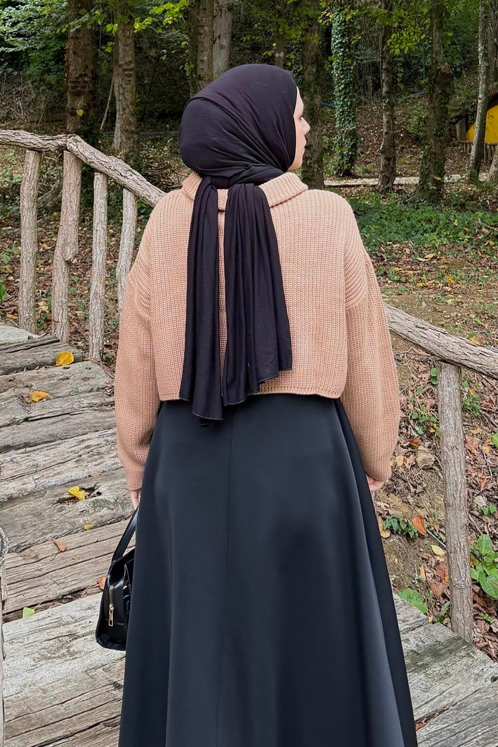 Lamelif Yaka Fermuarlı Crop Triko Kazak Lacivert görsel 4