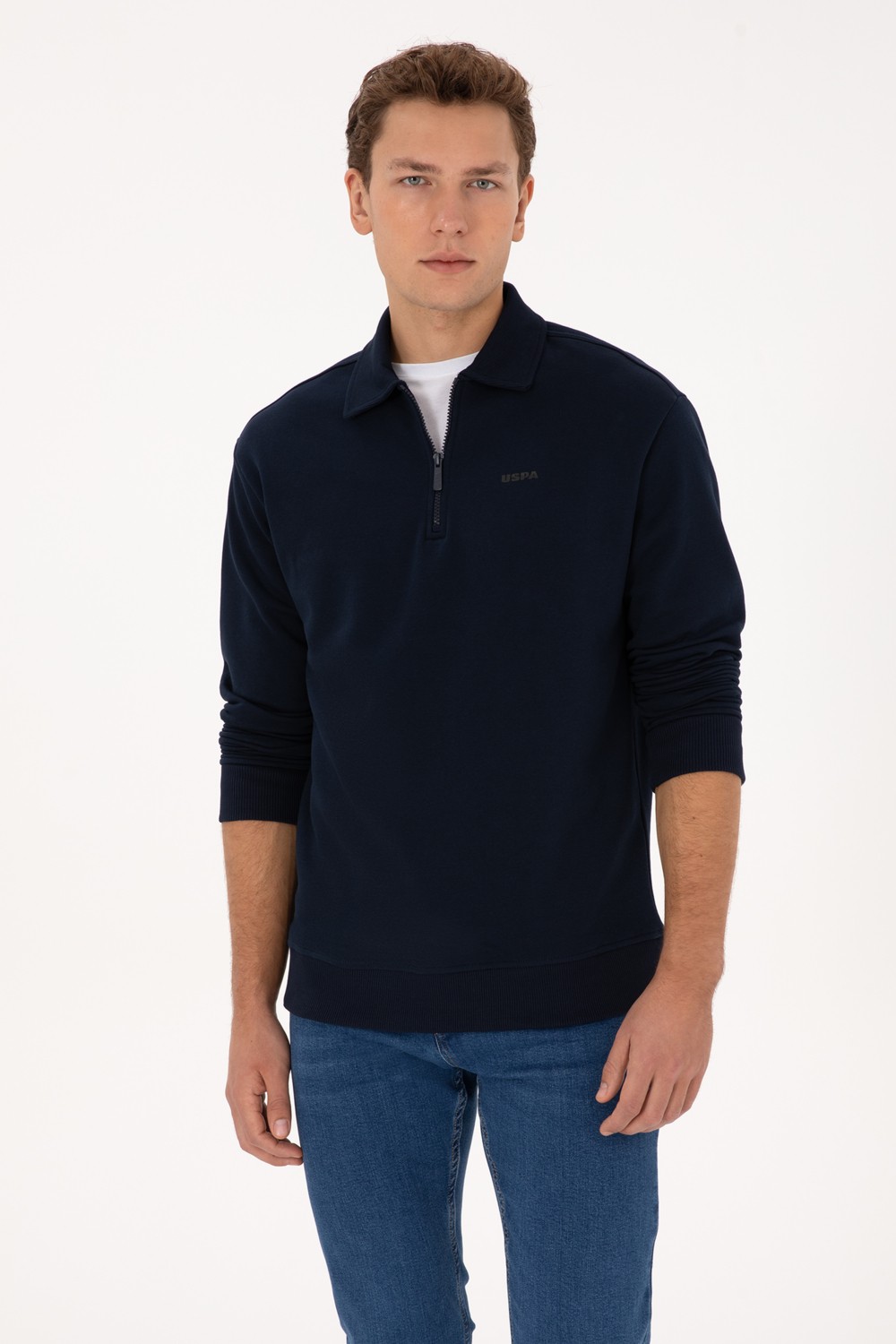 U.S. Polo Assn. Erkek Regular Fit Yarım Fermuarlı Şardonlu Siyah Basic Sweatshirt 50313783-VR046
