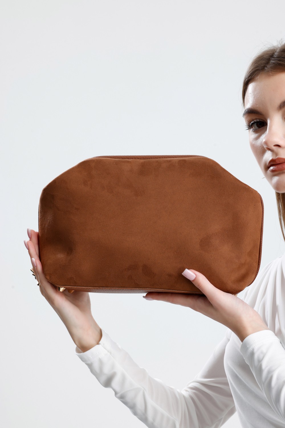 Heybes Kadın Taba Kahve Süet Clutch El Çantası görsel 4