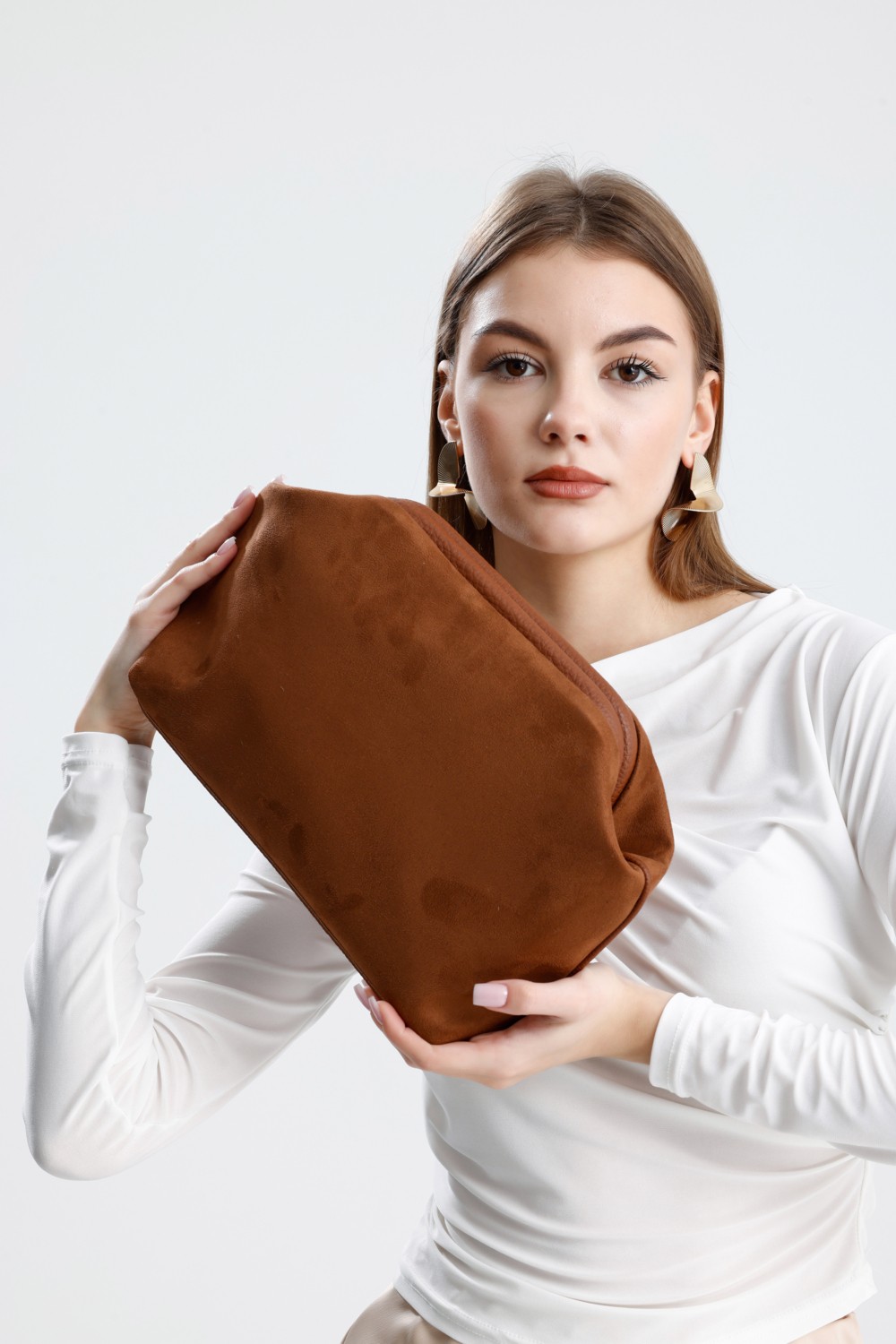 Heybes Kadın Taba Kahve Süet Clutch El Çantası görsel 6