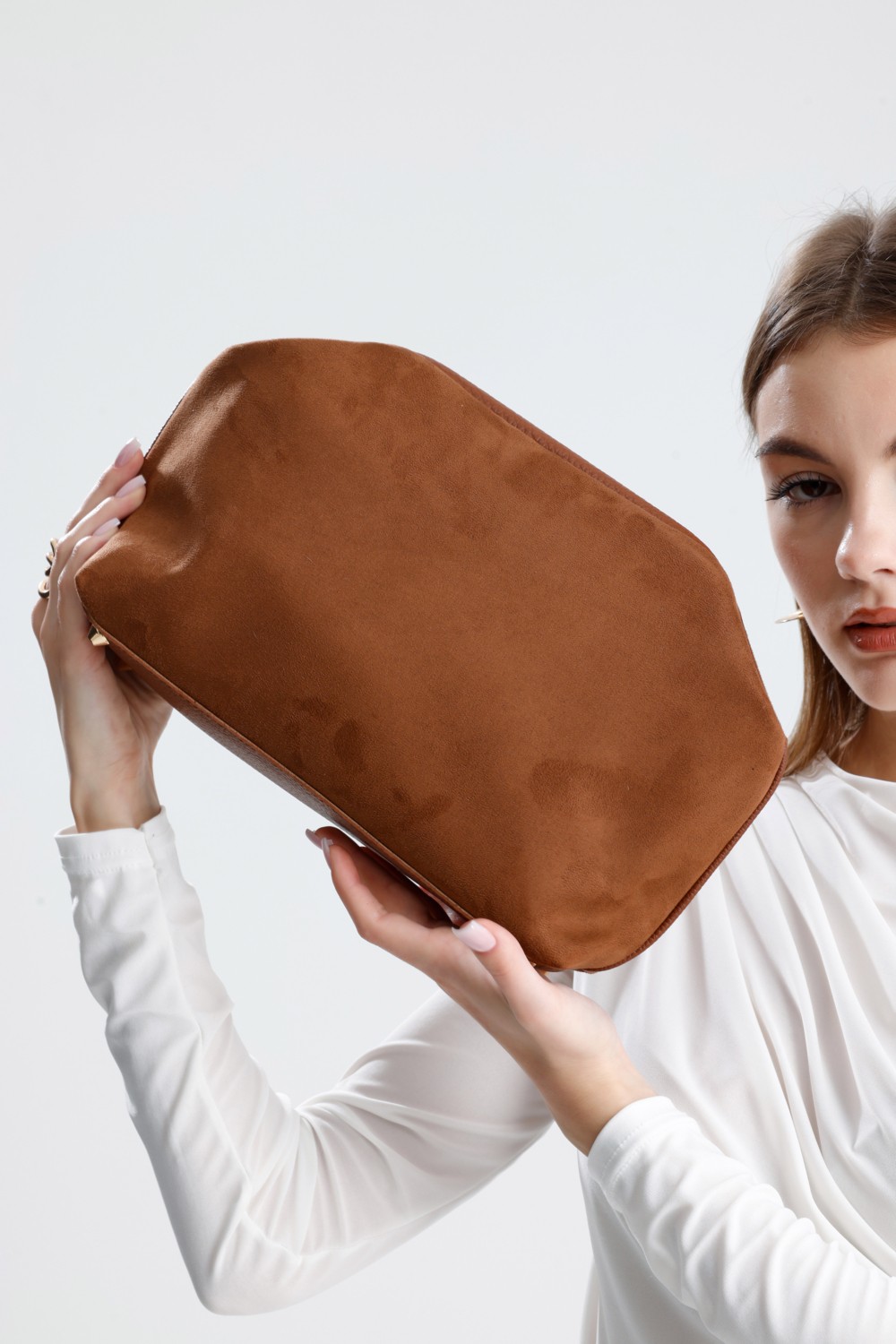Heybes Kadın Taba Kahve Süet Clutch El Çantası görsel 2