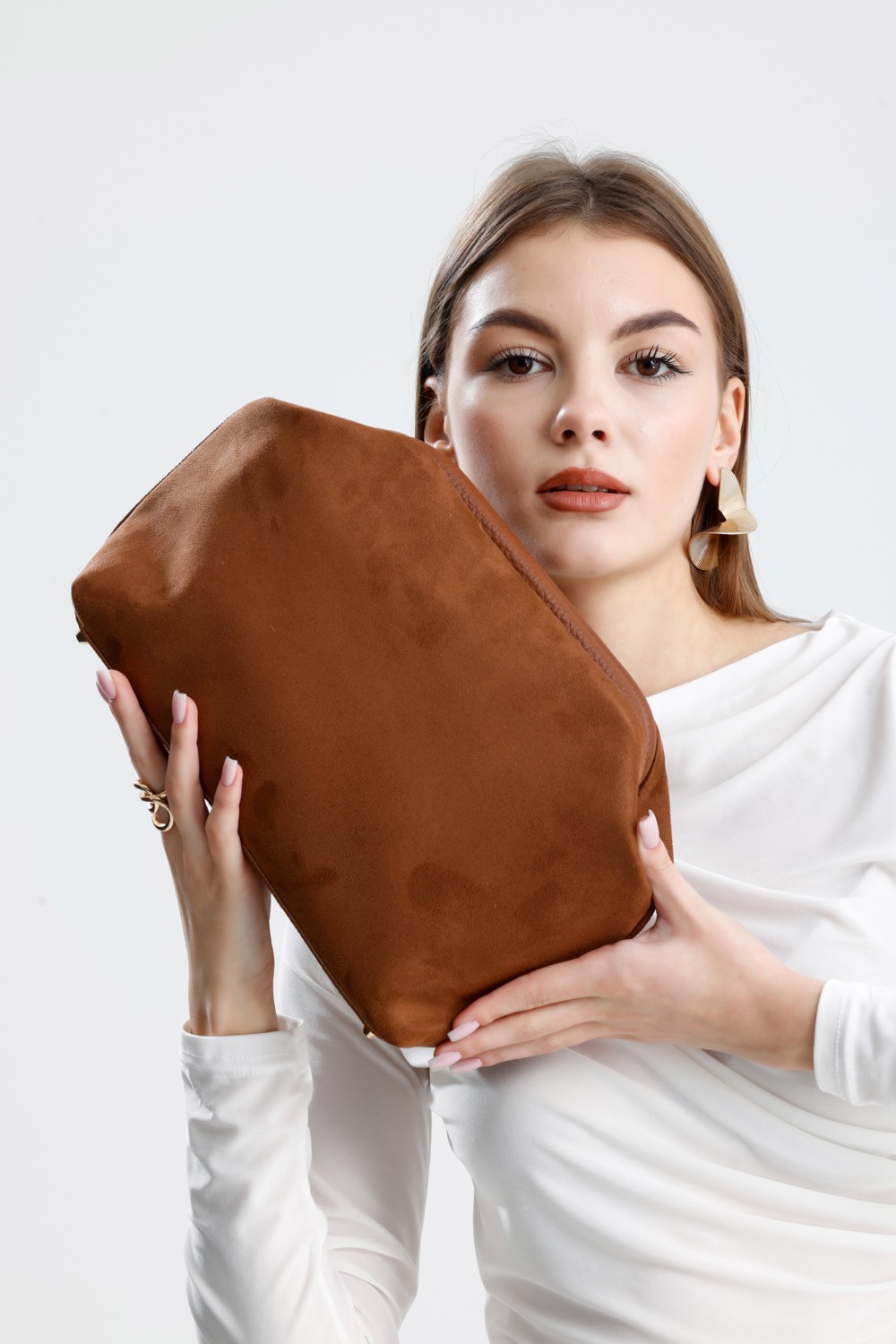 Heybes Kadın Taba Kahve Süet Clutch El Çantası görsel 3