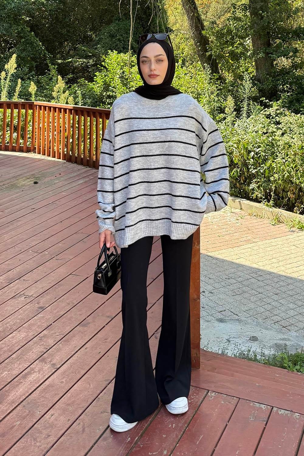 Lamelif Çizgili Triko Kazak Bej görsel 5