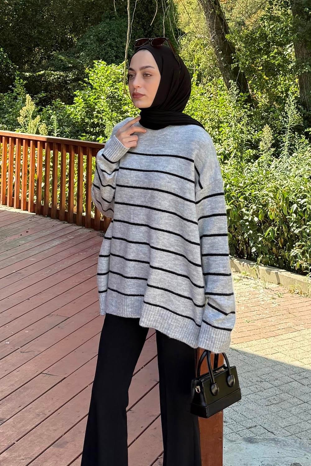 Lamelif Çizgili Triko Kazak Bej görsel 6