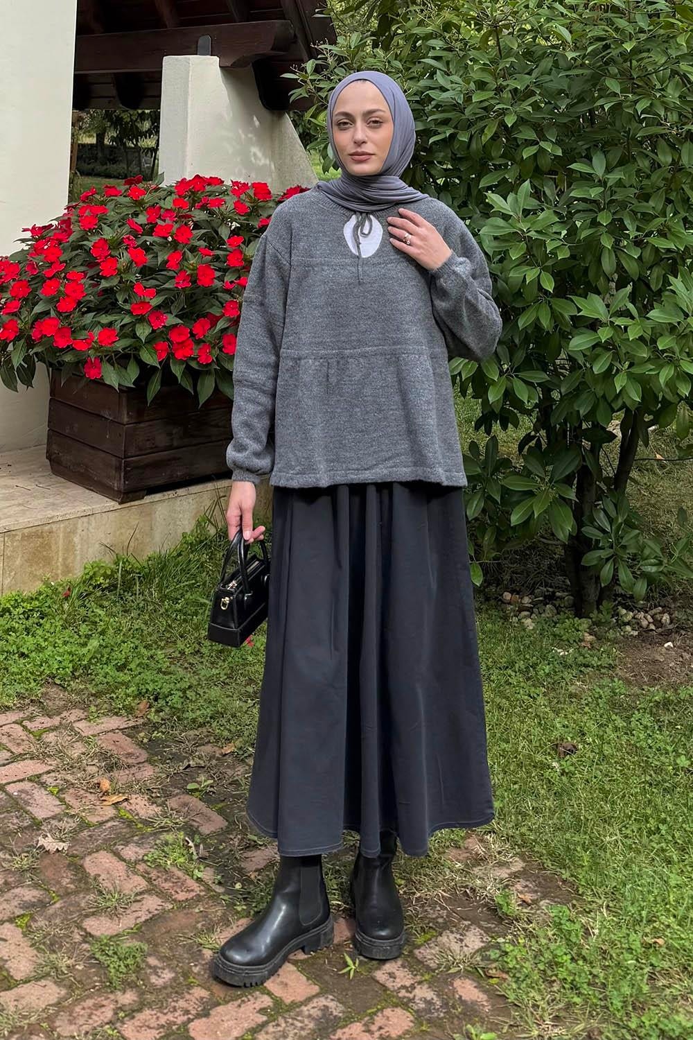 Lamelif Yakası Bağcıklı Triko Kazak Pembe görsel 5