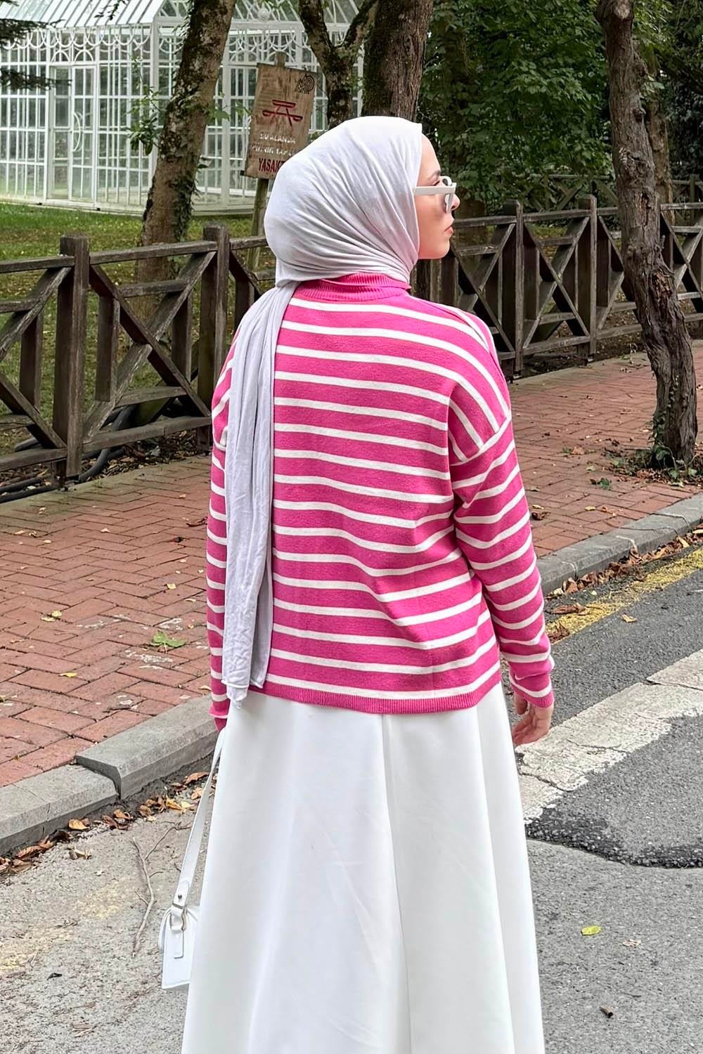 Lamelif Çizgili Balıkçı Kazak Fuşya görsel 2