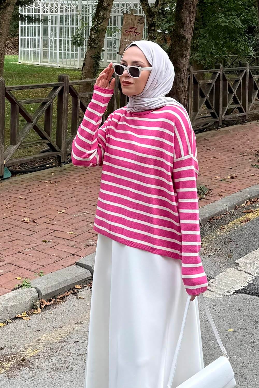 Lamelif Çizgili Balıkçı Kazak Fuşya görsel 4