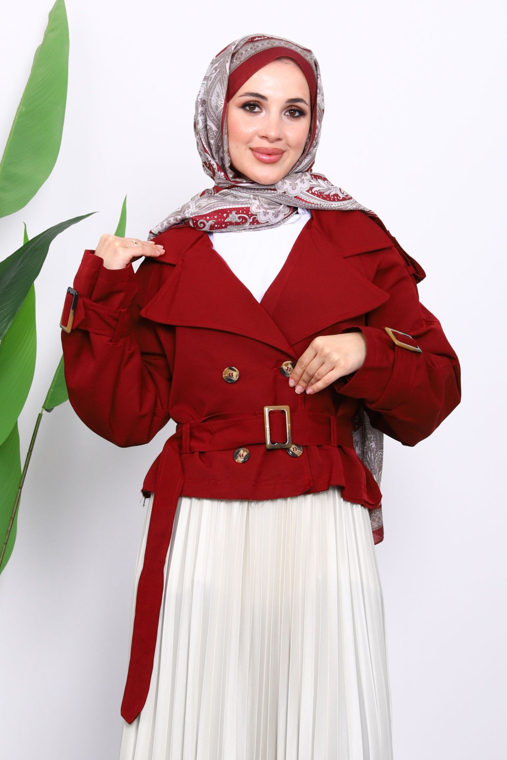 İmaj Butik Bordo Kruvaze Yaka Kemerli Kısa Trençkot