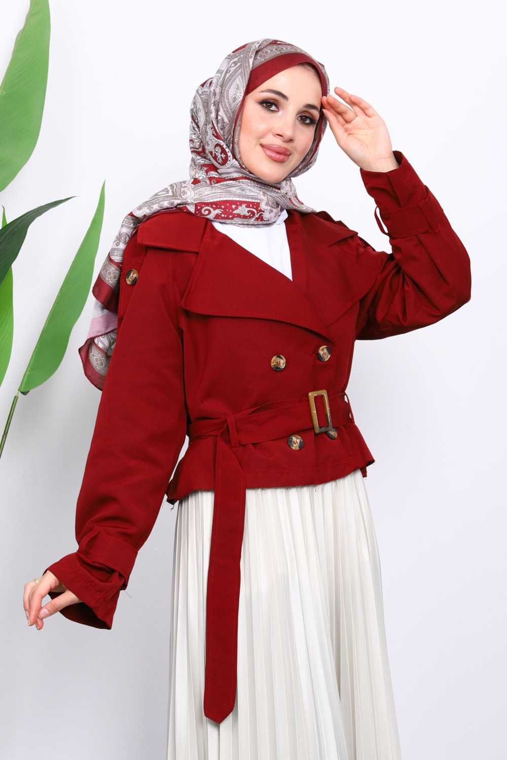 İmaj Butik Bordo Kruvaze Yaka Kemerli Kısa Trençkot görsel 3