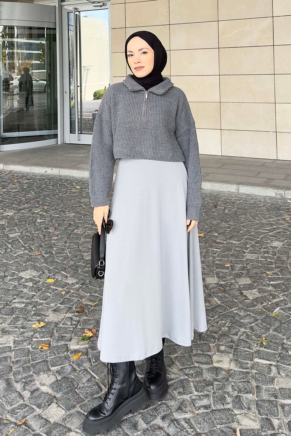 Lamelif Yaka Fermuarlı Crop Triko Kazak Lacivert