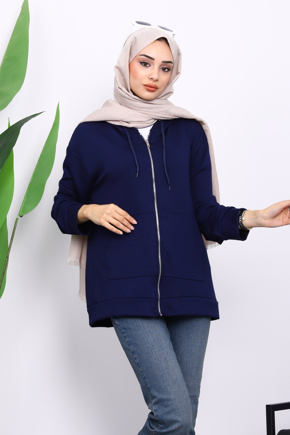 İmaj Butik Taş Kapşonlu Fermuarlı Modal Sweat Hırka