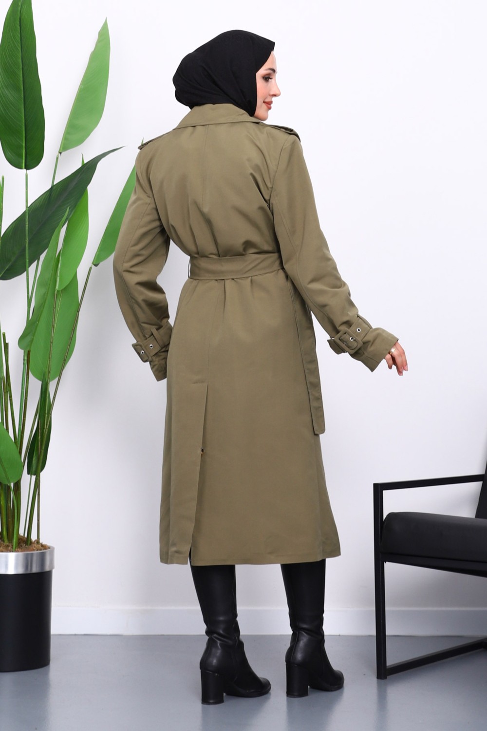 İmaj Butik Siyah Kruvaze Yaka Astarlı Trençkot görsel 4