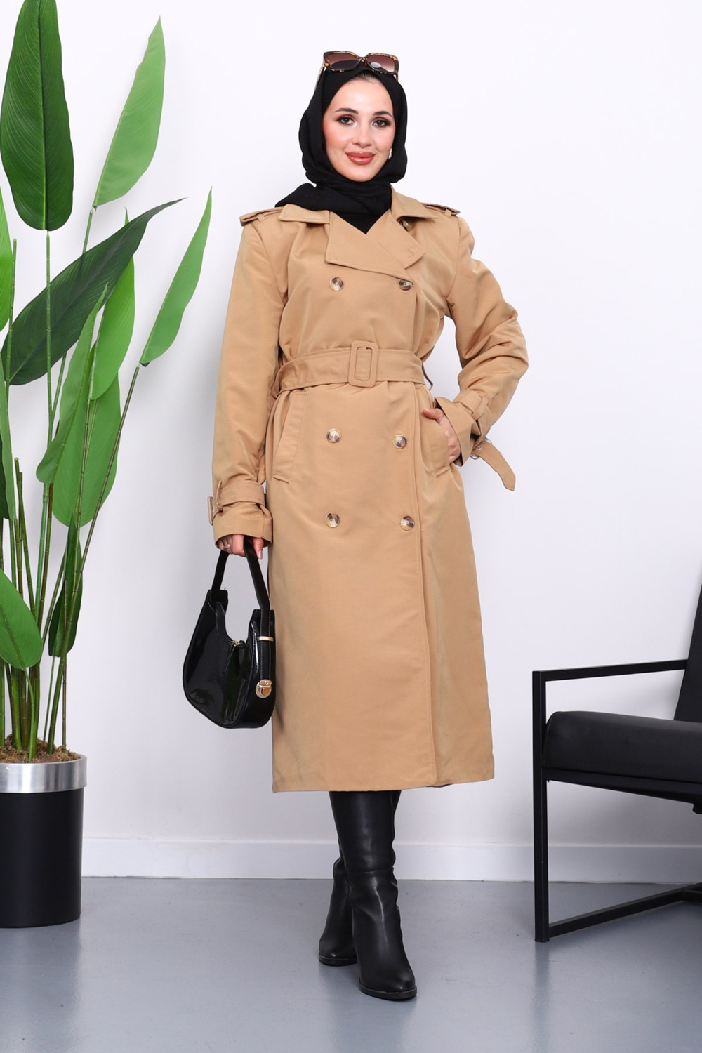 İmaj Butik Siyah Kruvaze Yaka Astarlı Trençkot görsel 5