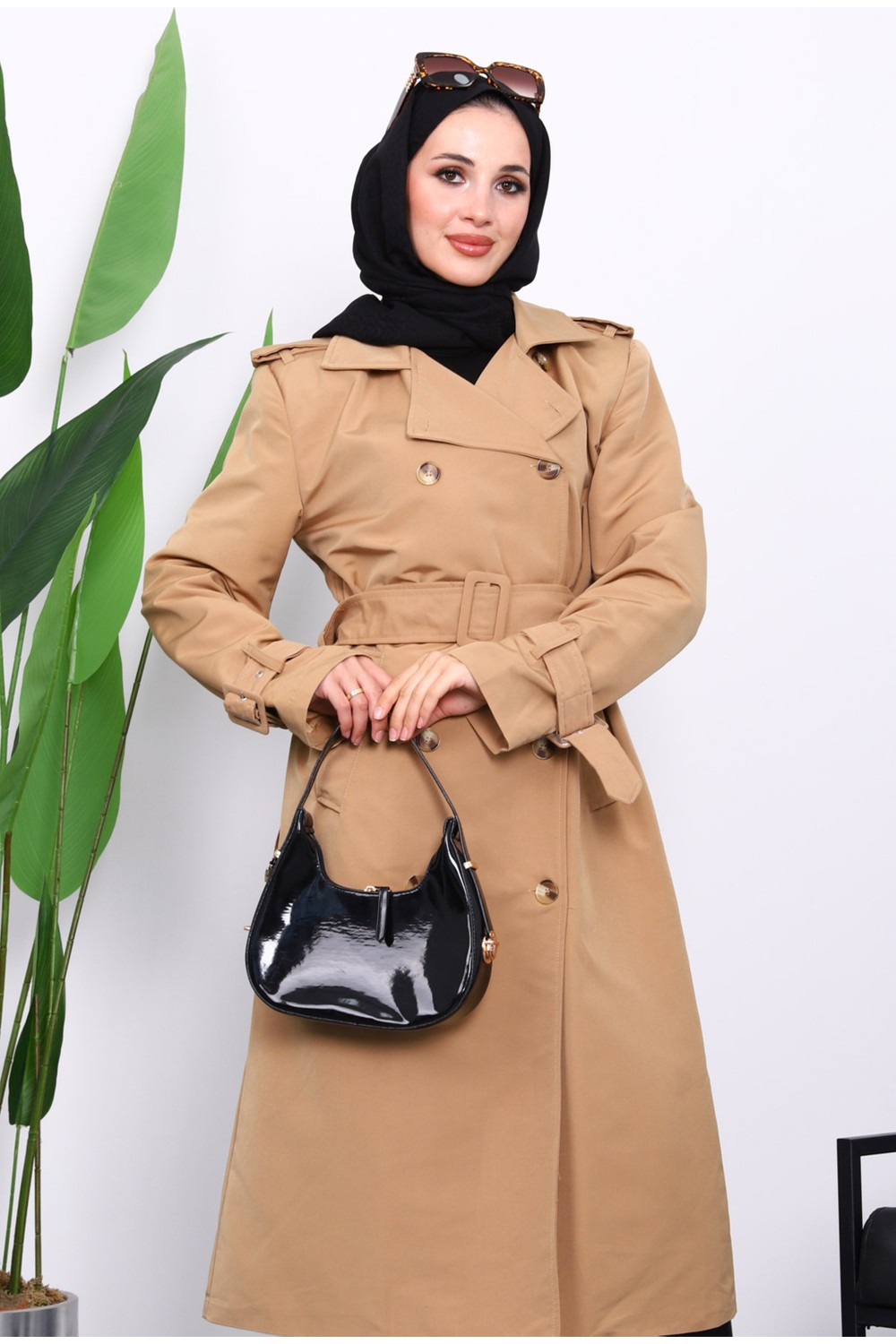 İmaj Butik Siyah Kruvaze Yaka Astarlı Trençkot görsel 7