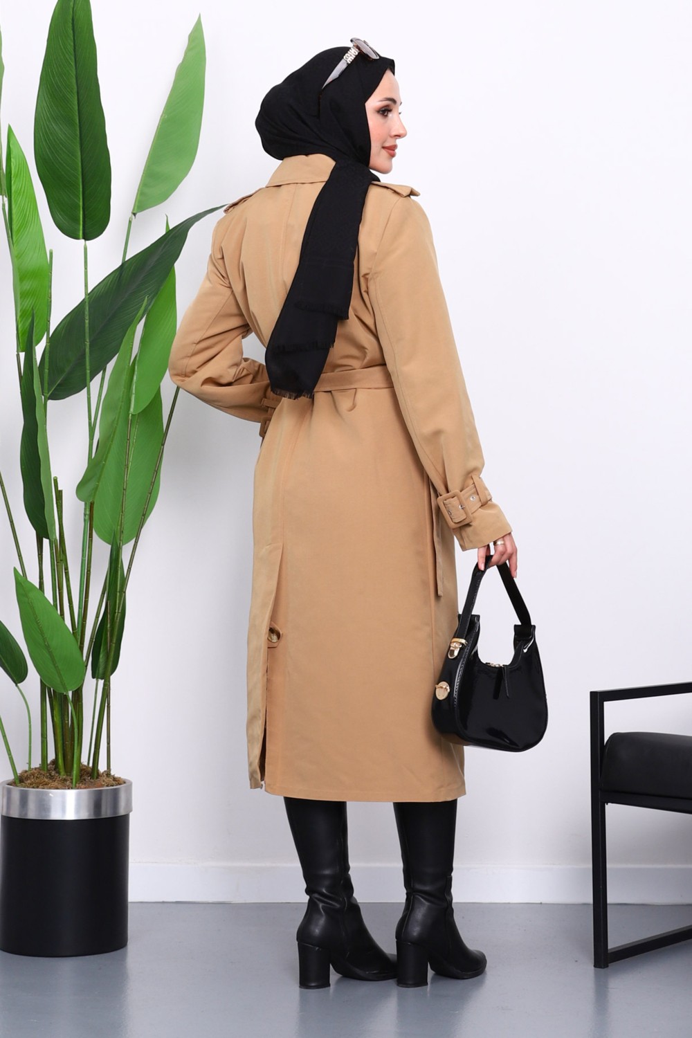 İmaj Butik Siyah Kruvaze Yaka Astarlı Trençkot görsel 8