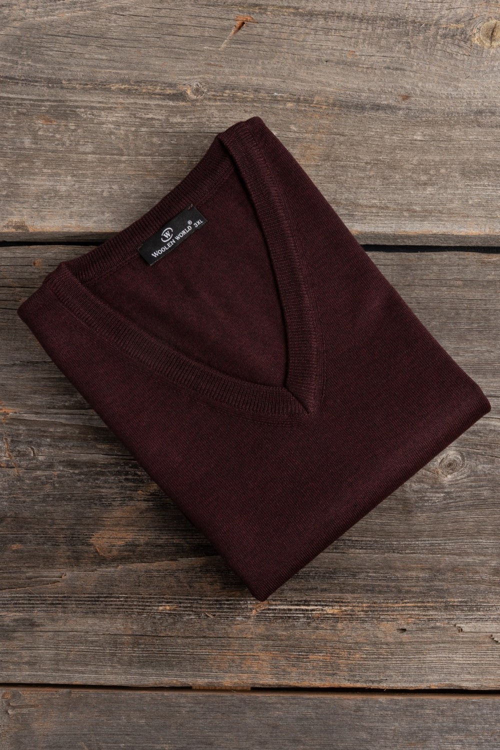 Woolen World V Yaka Kolsuz Triko Süveter %50 Yünlü Bordo Renk Büyük Boy Erkek Modası