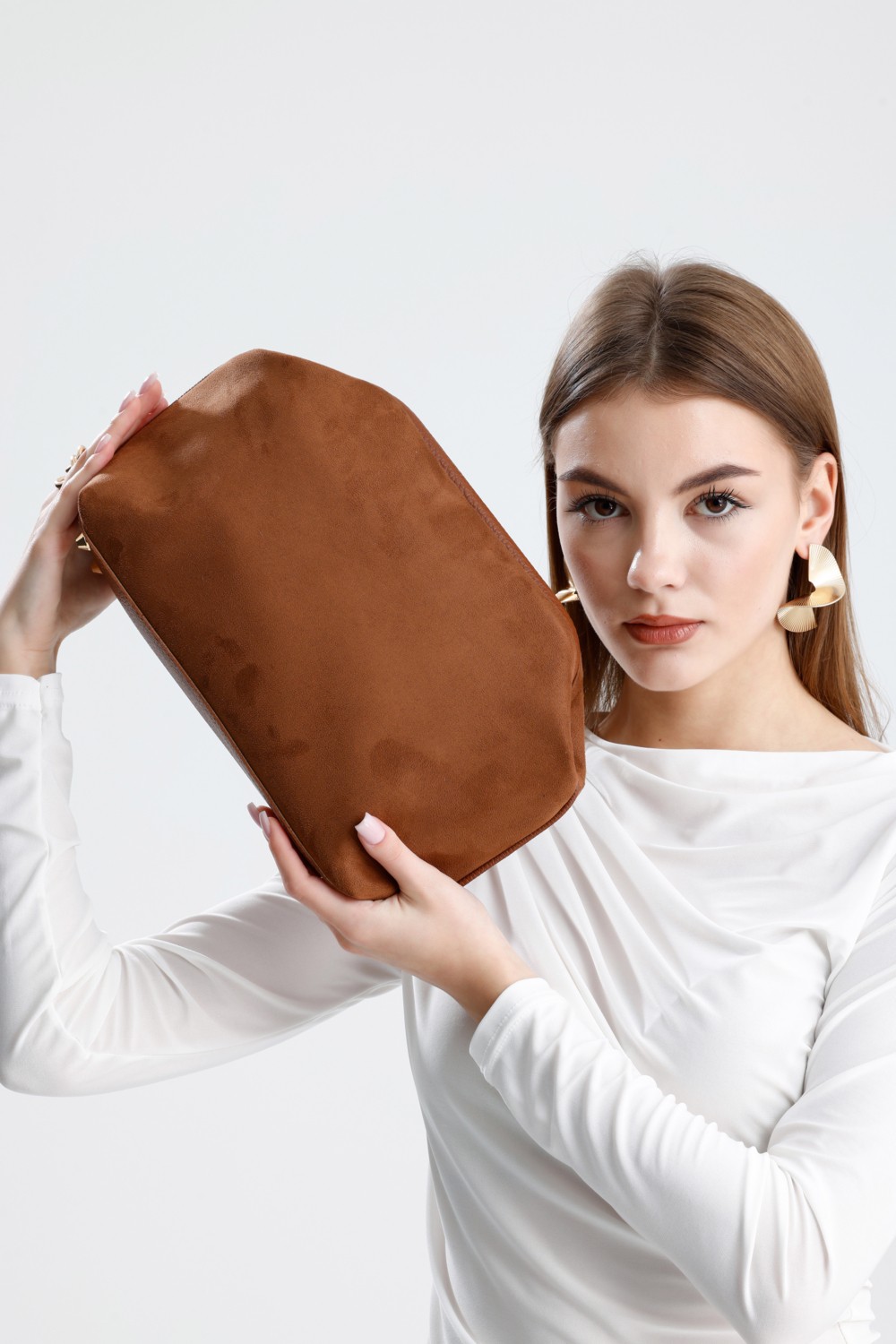Heybes Kadın Taba Kahve Süet Clutch El Çantası görsel 7