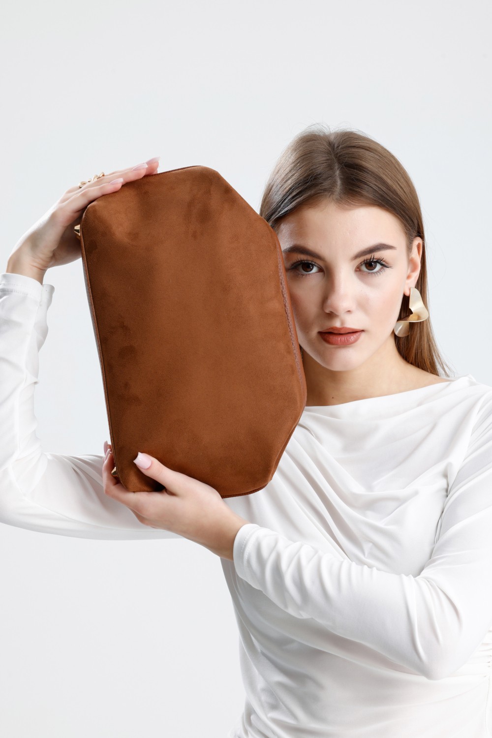 Heybes Kadın Taba Kahve Süet Clutch El Çantası görsel 8