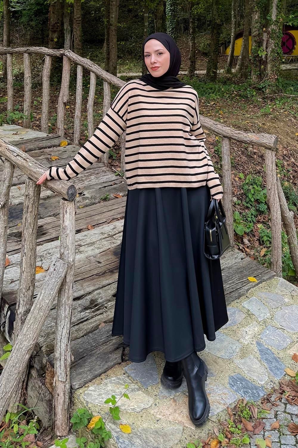 Lamelif Çizgili Balıkçı Kazak Fuşya görsel 5