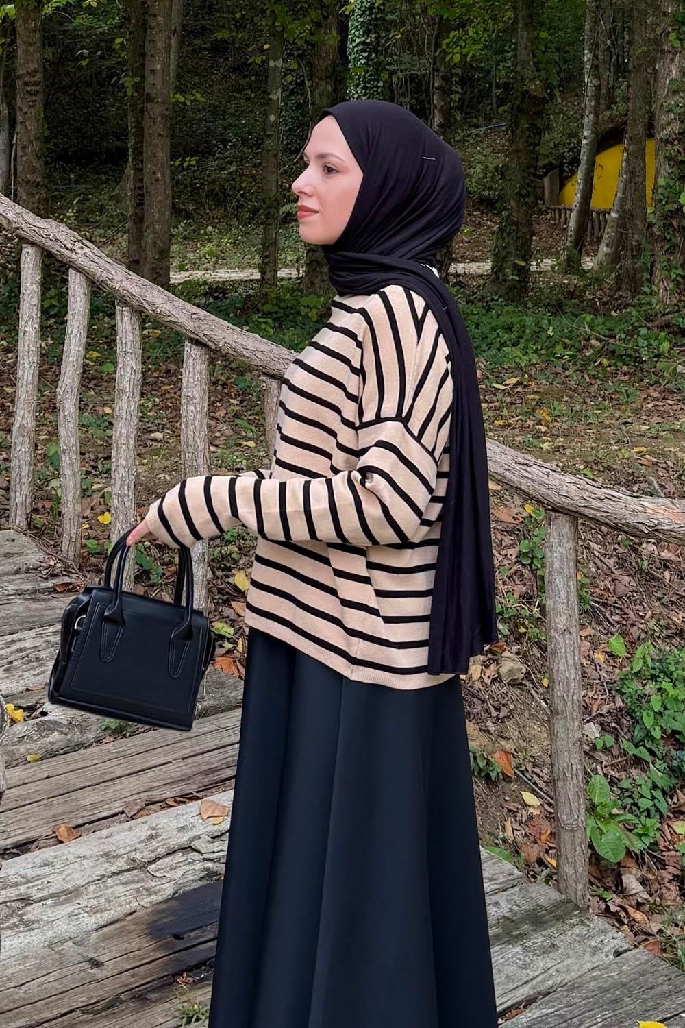 Lamelif Çizgili Balıkçı Kazak Fuşya görsel 6