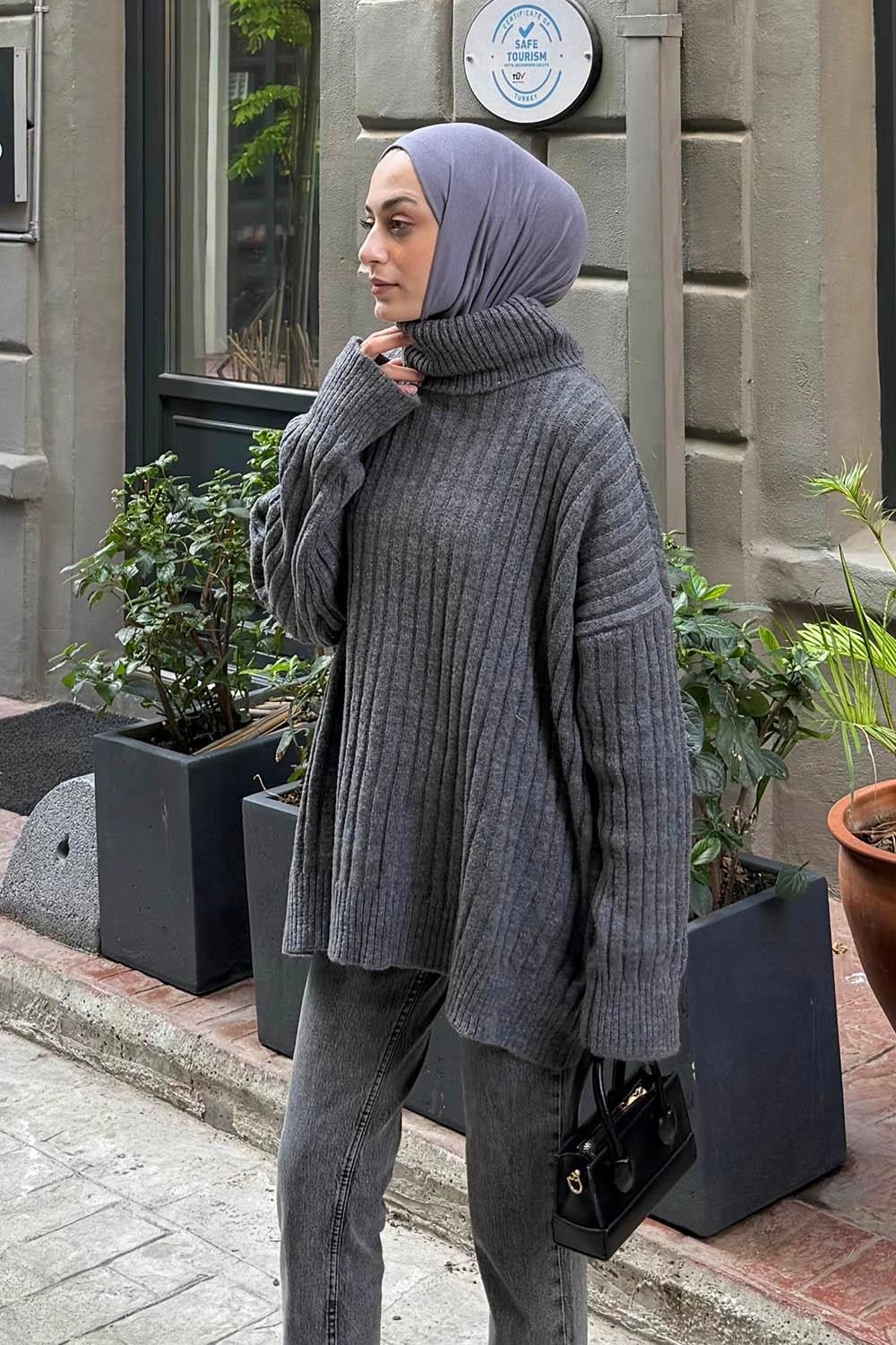 Lamelif Balıkçı Yaka Kazak Antrasit görsel 6