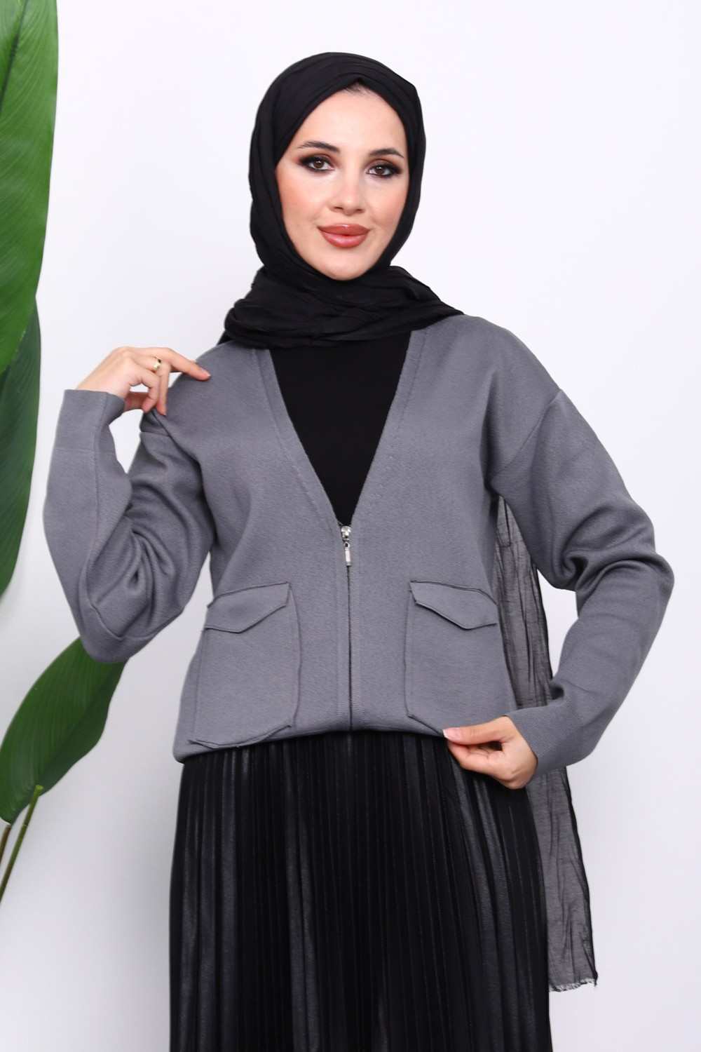İmaj Butik Yağ Yeşili Çift Cepli Fermuarlı Triko Hırka