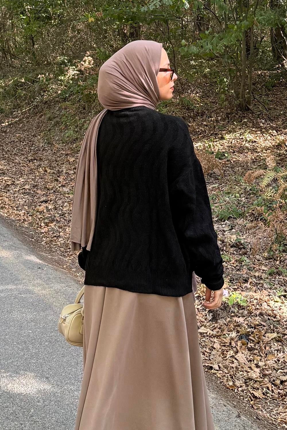 Lamelif Kendinden Desenli Triko Kazak Siyah görsel 8