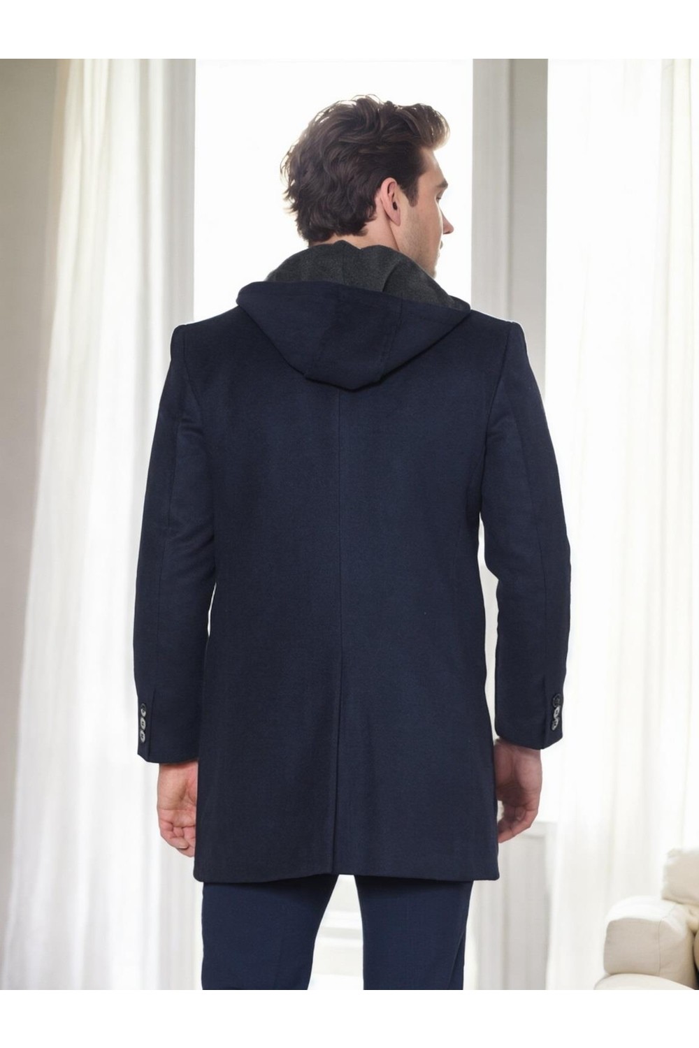Dewberry Erkek Palto Koyu Gri %70 Yün %30 Polyester Orta Kalınlık Düz Desenli Uzun Kol PLT9376 görsel 2
