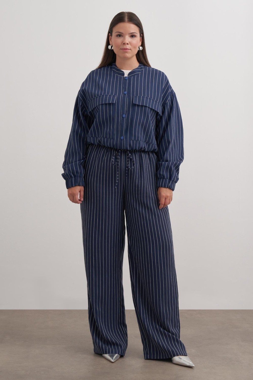 Myline Astarlı Crop Çizgili Bomber Ceket