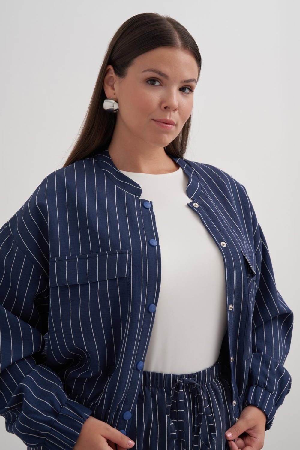 Myline Astarlı Crop Çizgili Bomber Ceket görsel 7