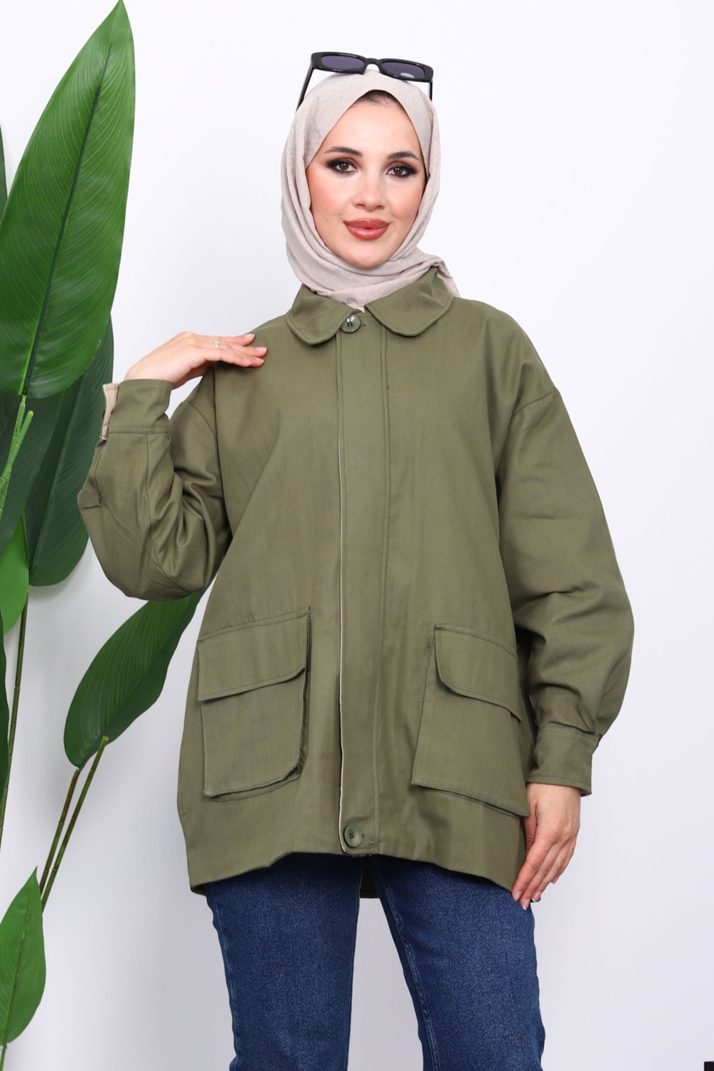İmaj Butik Haki Cep Detaylı Fermuarlı Gabardin Ceket
