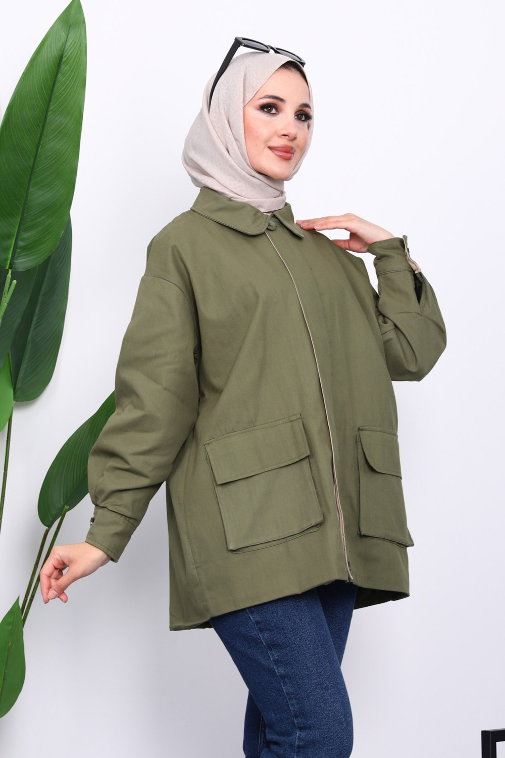 İmaj Butik Haki Cep Detaylı Fermuarlı Gabardin Ceket görsel 3
