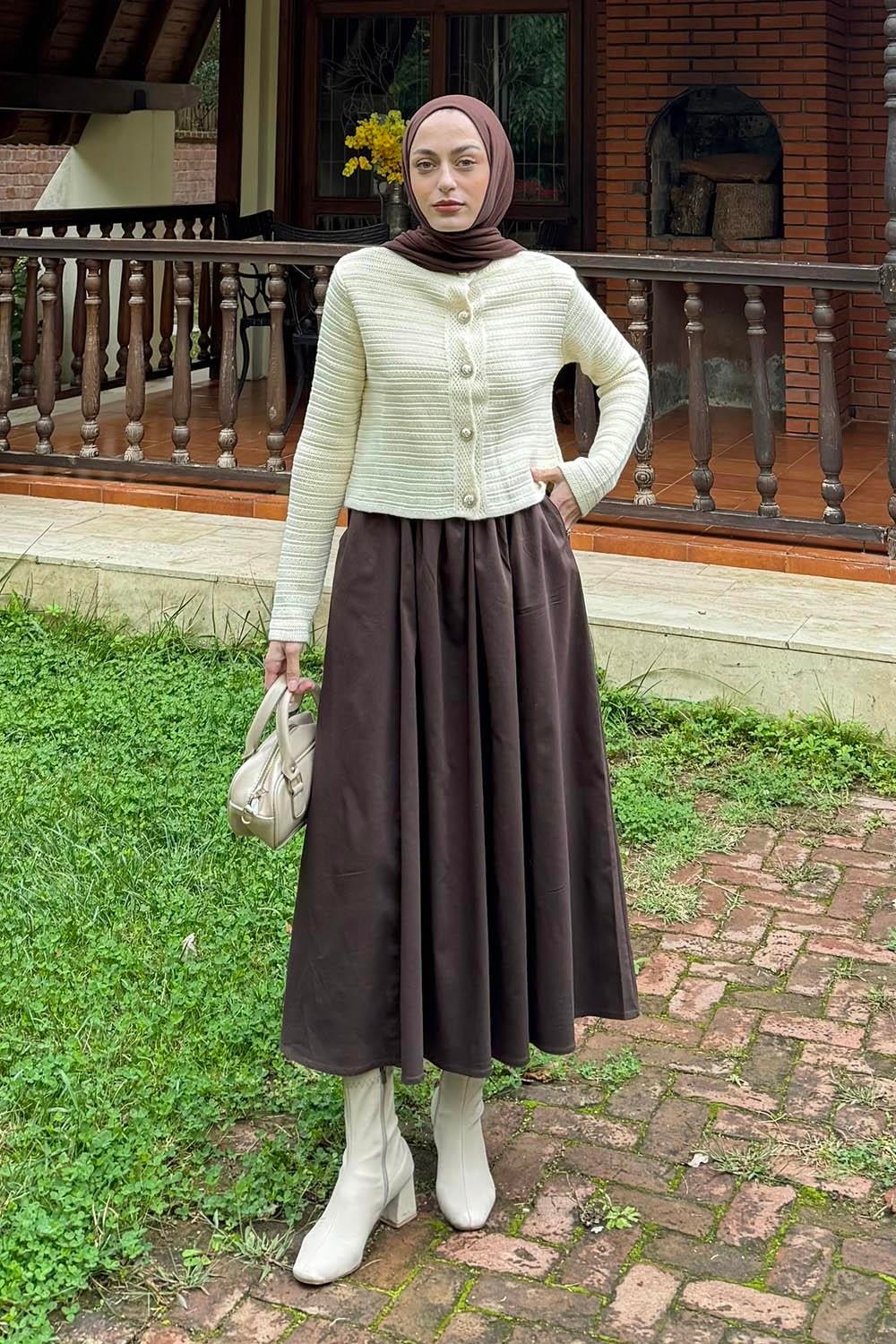 Lamelif Links Desenli Crop Hırka Camel