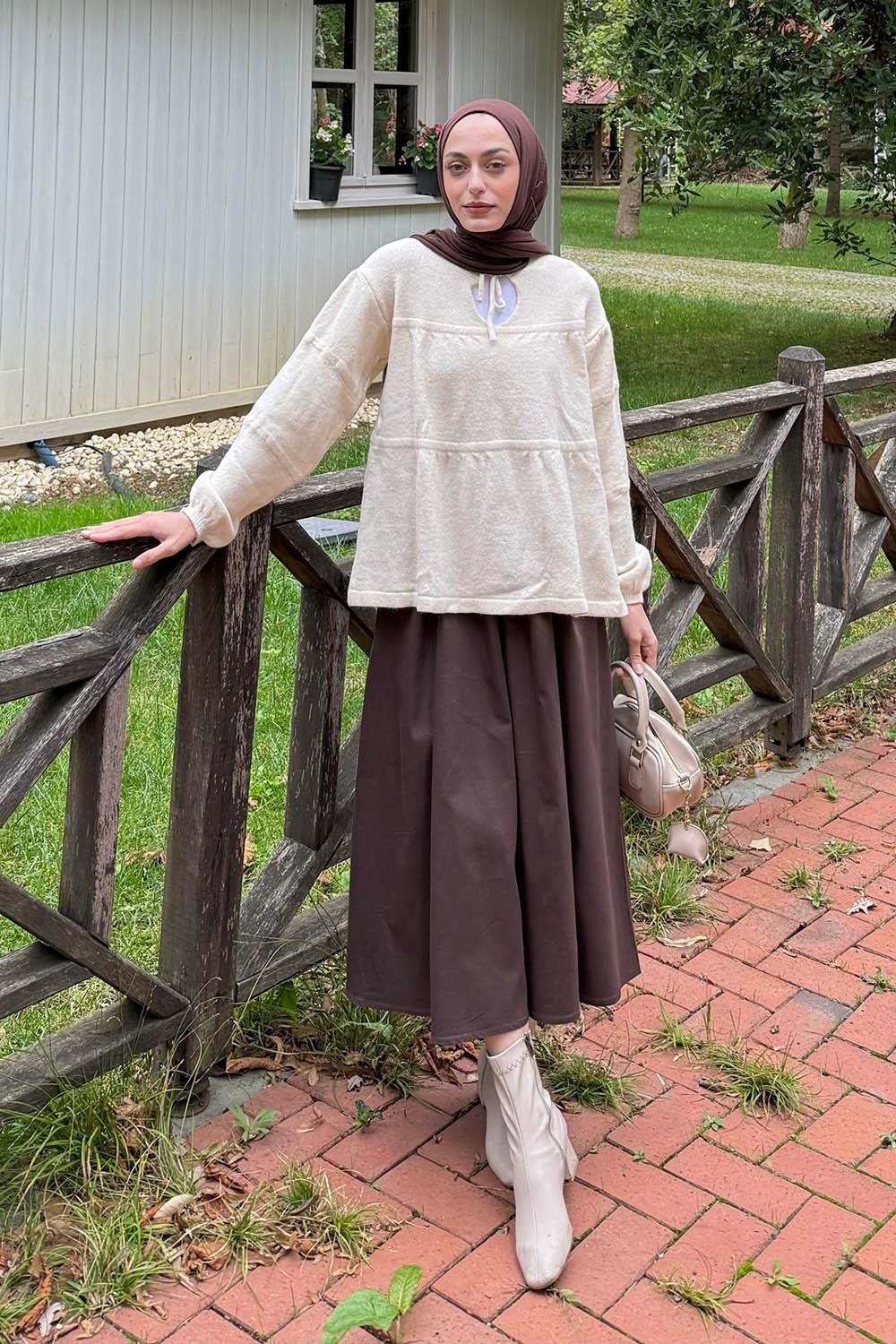 Lamelif Yakası Bağcıklı Triko Kazak Pembe