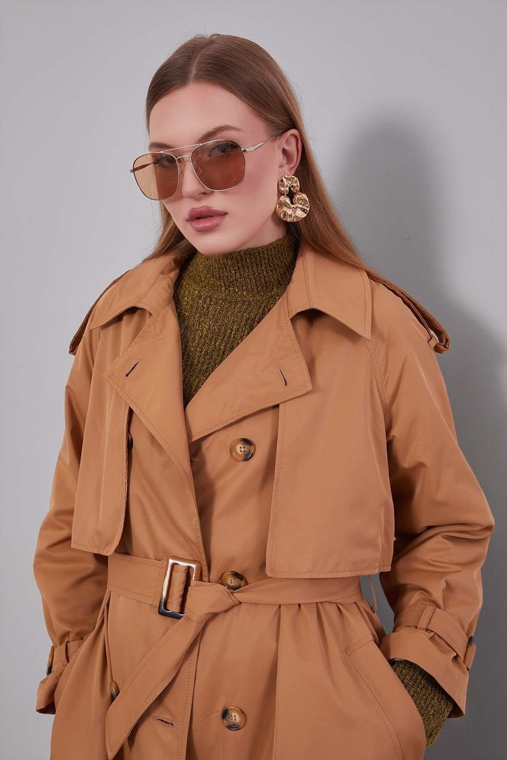 Lêvi D'or Camel Kol Kemerli Trençkot görsel 7