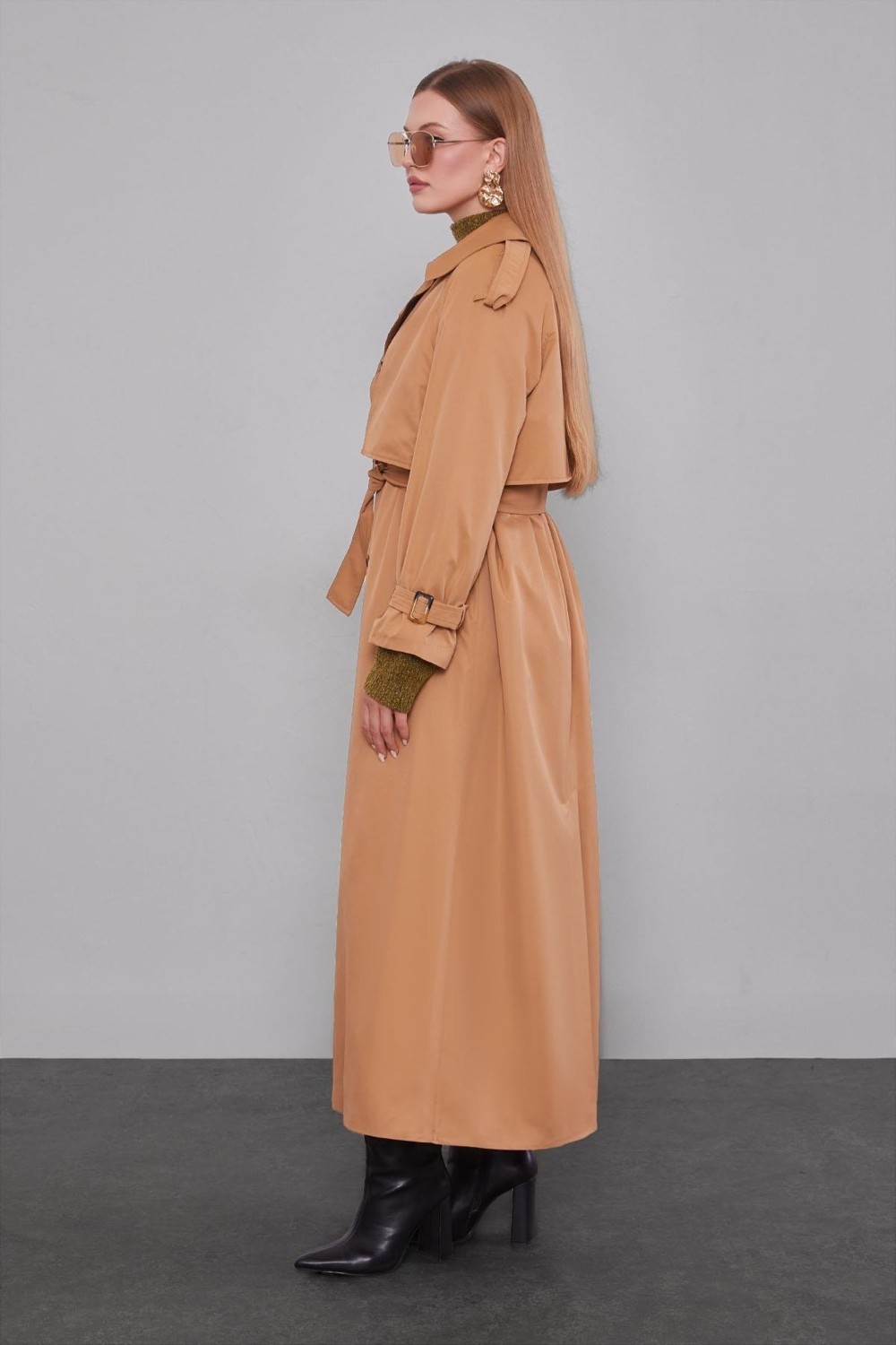 Lêvi D'or Camel Kol Kemerli Trençkot görsel 8