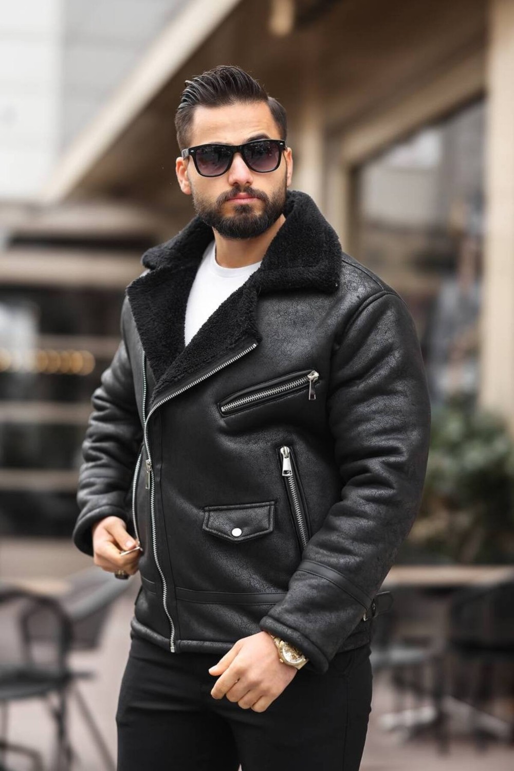 Baselco Erkek Biker Retro Içi Kürk Kaplı Napa Nubuk Deri Ceket görsel 2