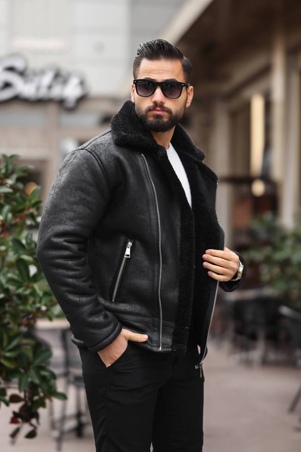 Baselco Erkek Biker Retro Içi Kürk Kaplı Napa Nubuk Deri Ceket görsel 3