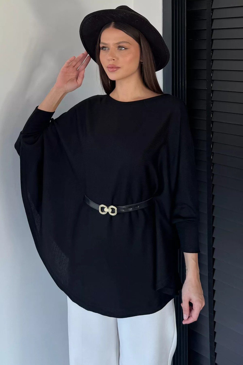 Gülseli Kadın Kemerli Triko Panço P-00018998