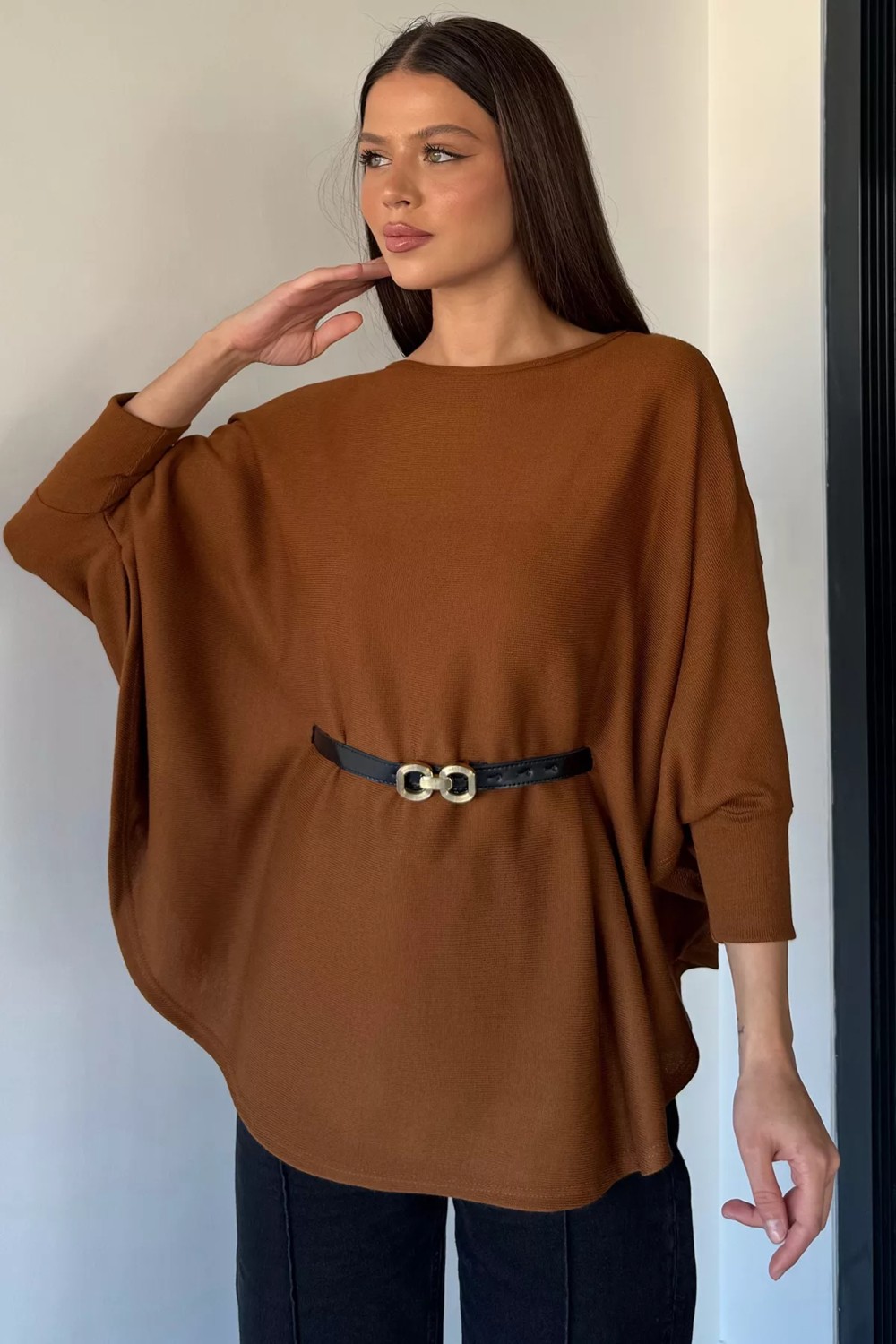 Gülseli Kadın Kemerli Triko Panço P-00018998 görsel 6