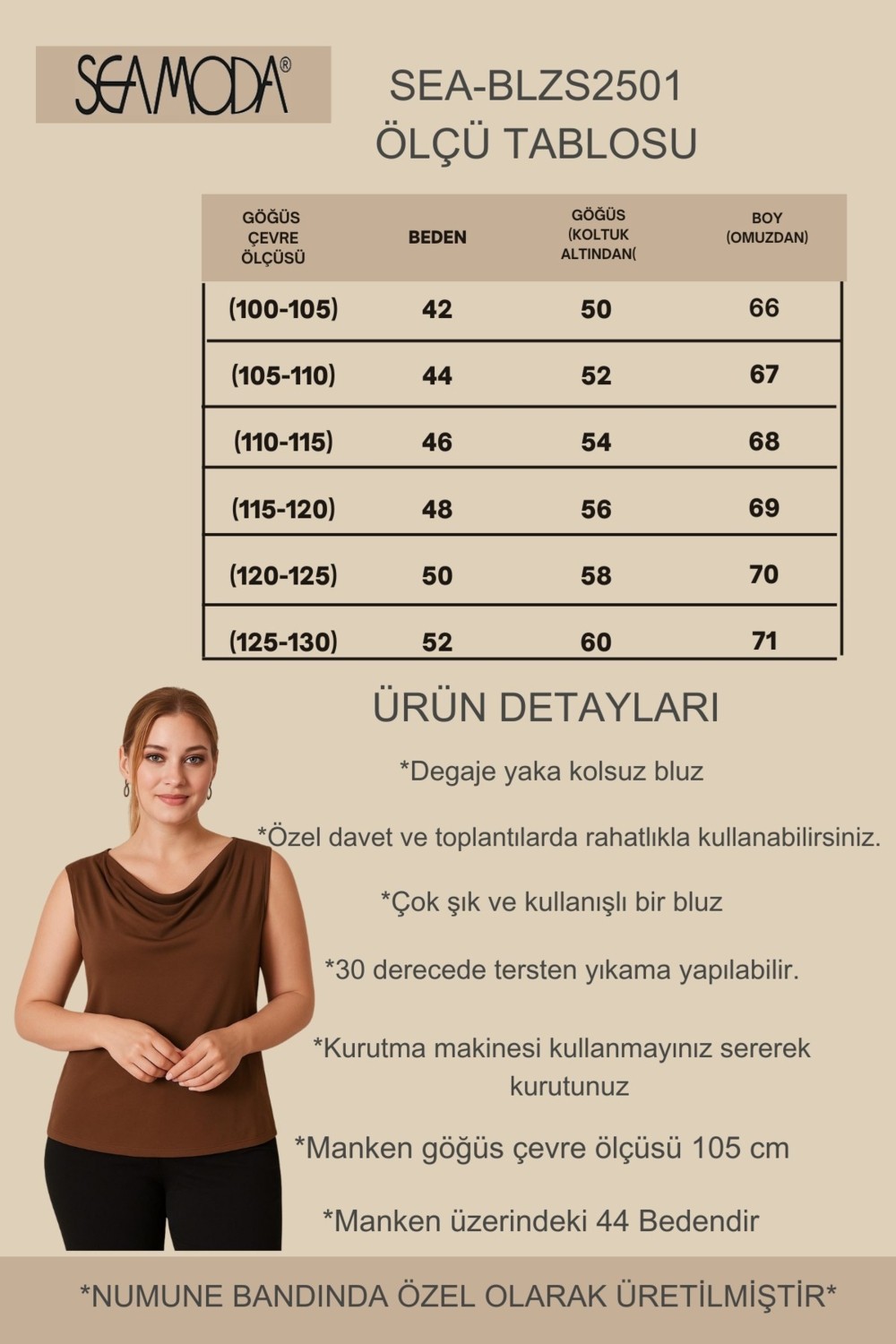 Sea Moda Degaje Yaka Sandy Büyük Beden Kadın Basic Bluz 4 Mevsim Rahat Kullanım Şık Atlet-Kahve görsel 3