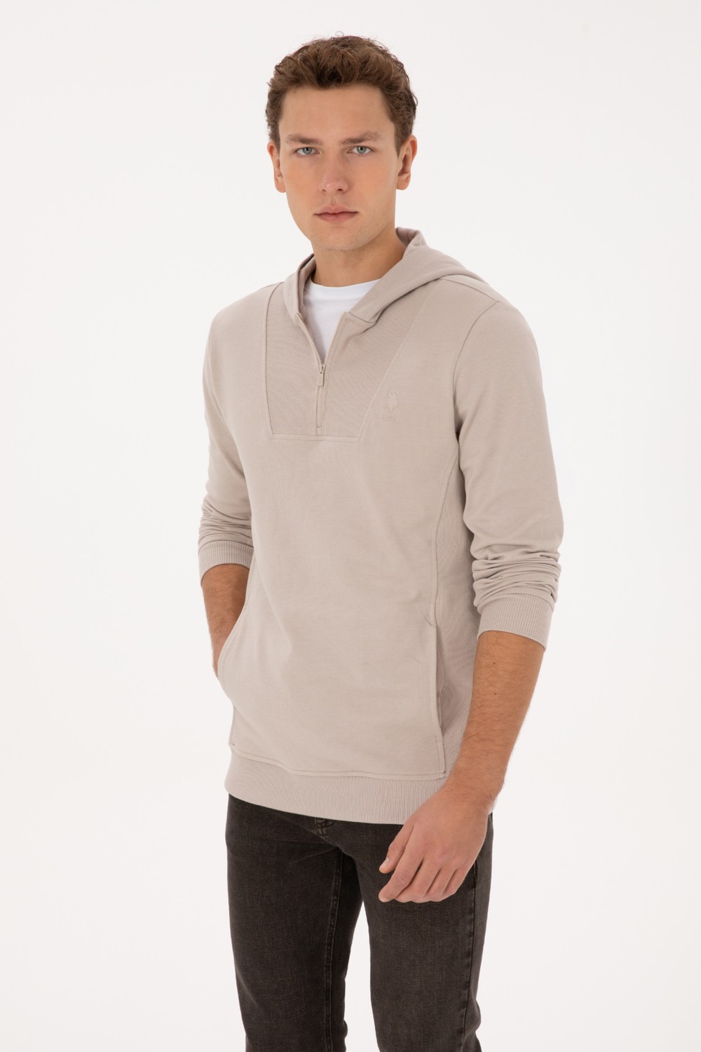U.S. Polo Assn. Erkek Regular Fit Yarım Fermuarlı Kapüşonlu Lacivert Sweatshirt 50316391-VR033